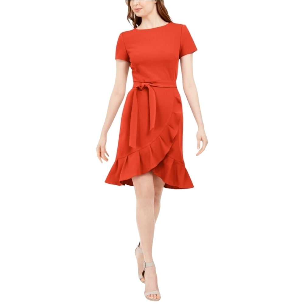 Calvin Klein Red Short Sleeve Ruffle Wrap Dress